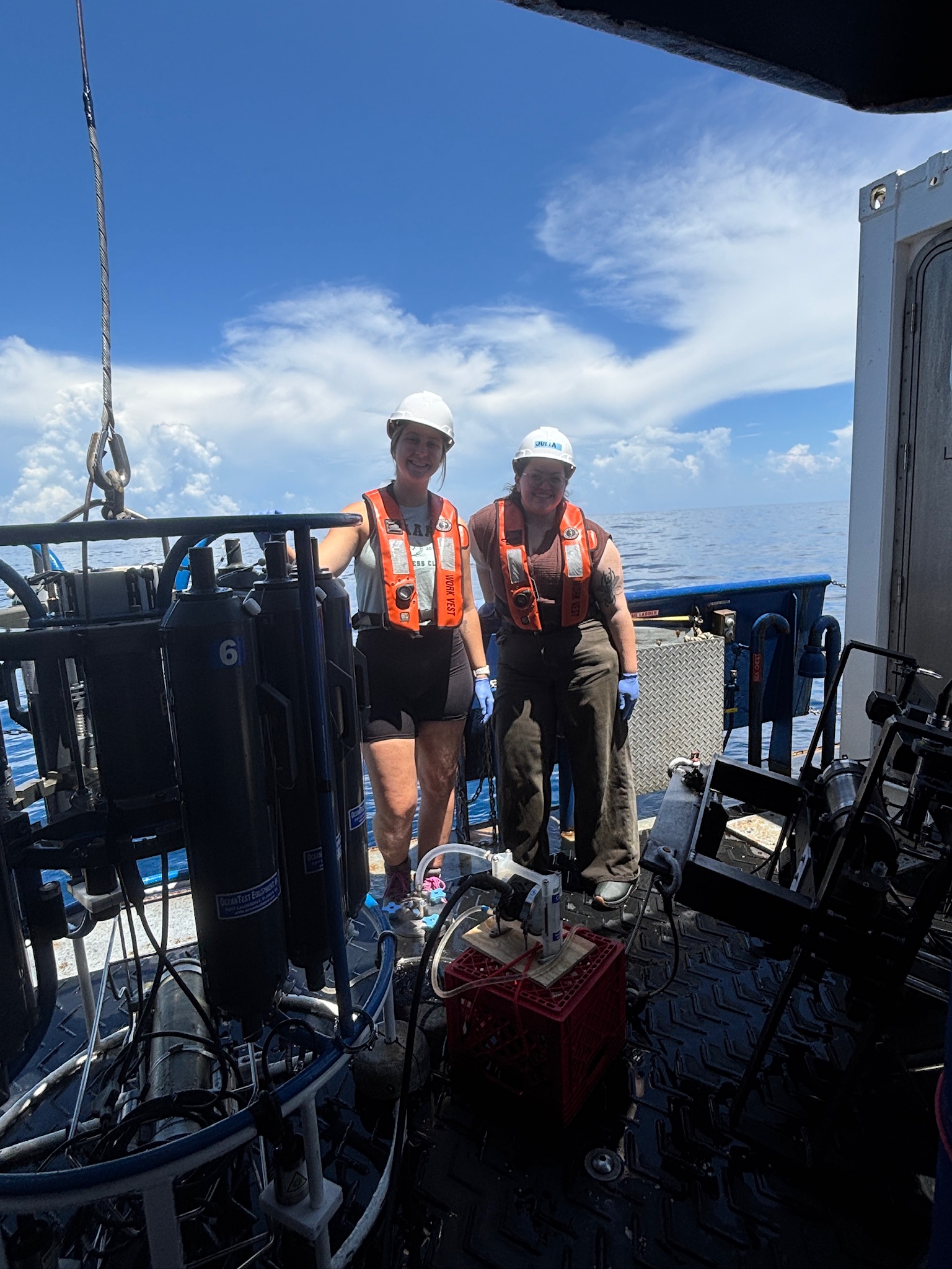 Jordan and Julia standing beside the CTD aboard R/V Savannah